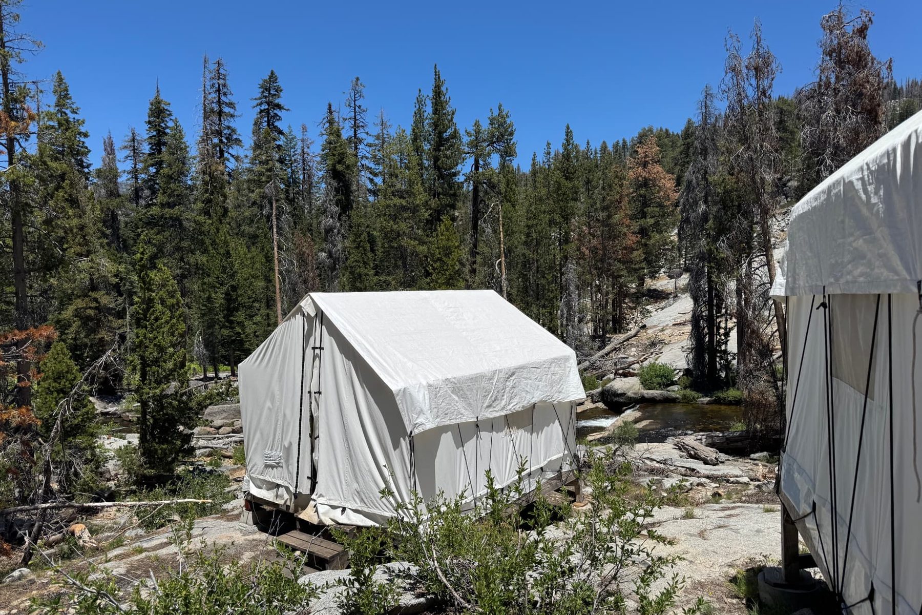 Canvas tents beside a running creek